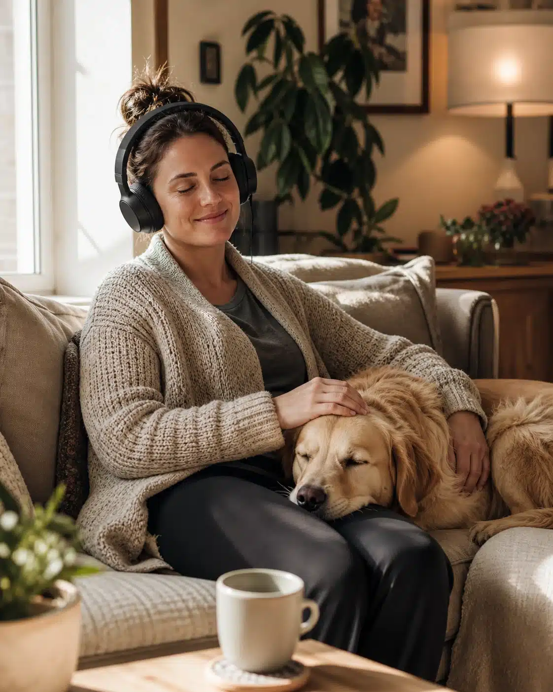 A woman sits on the couch with her eyes closed, listening to the SSP, with her dog beside her